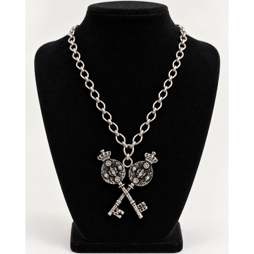 Vintage SWANK Silver Tone Crowned Crossed Key Statement Necklace Rhinestone Goth